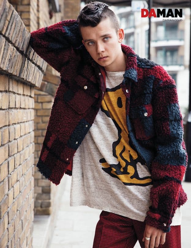Asa Butterfield of The Space Between Us in Jacket and pants by Kenzo, T-shirt by Gucci
