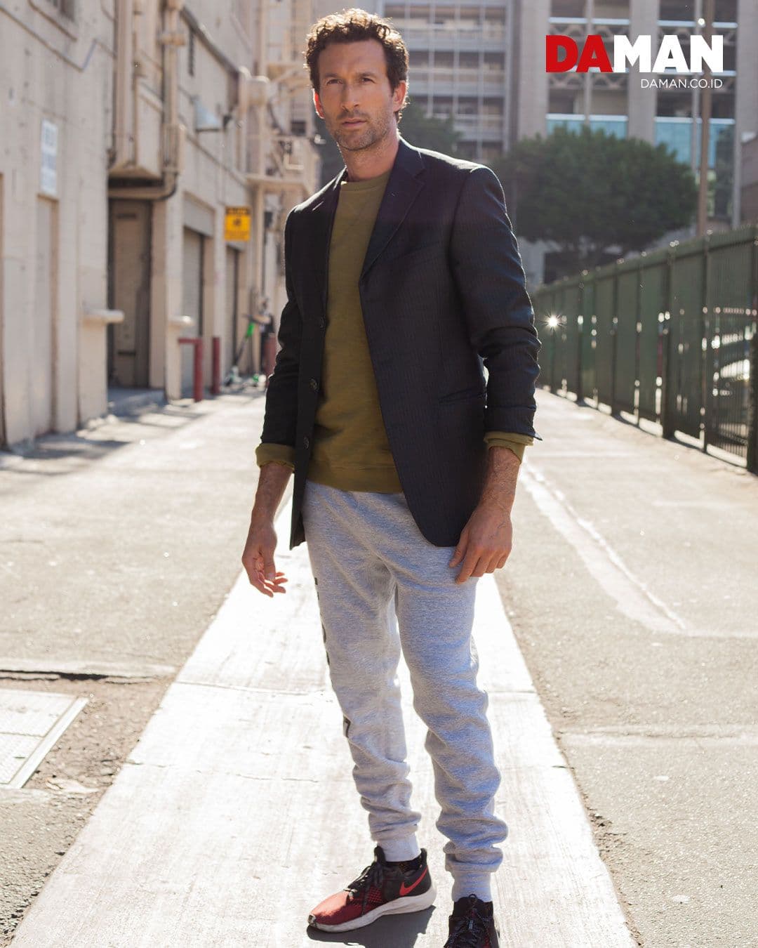 blazer by kenneth cole reaction, pullover by rupert & buckley, pants by uneek collection, shoes by Nike