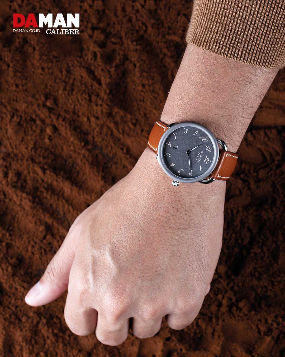  Arceau “78” in stainless steel with micro blasted titanium bezel and natural Barenia calfskin strap