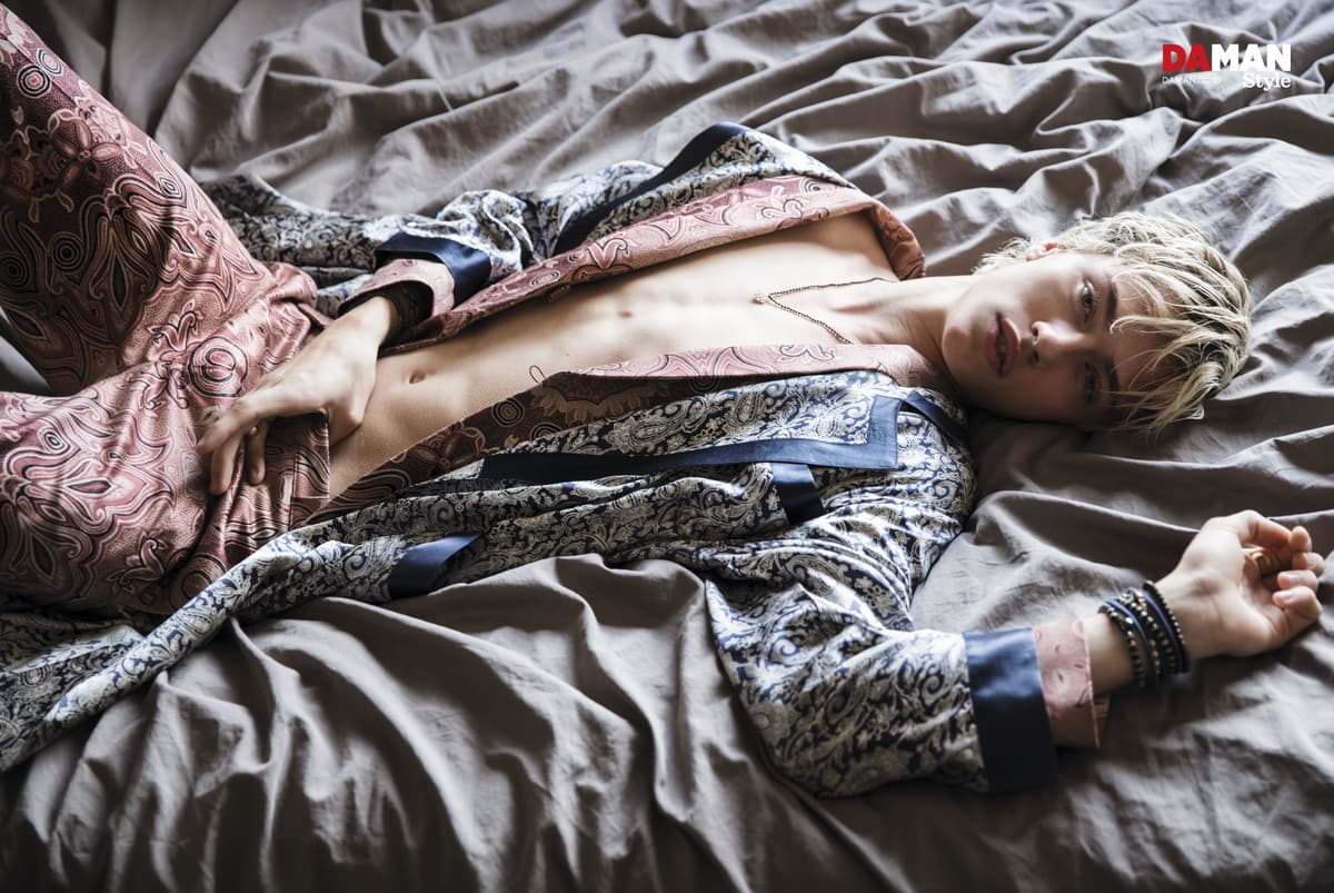 Lucky Blue Smith in suit by Etro, robe by Palace Costume, accessories by luis Morais