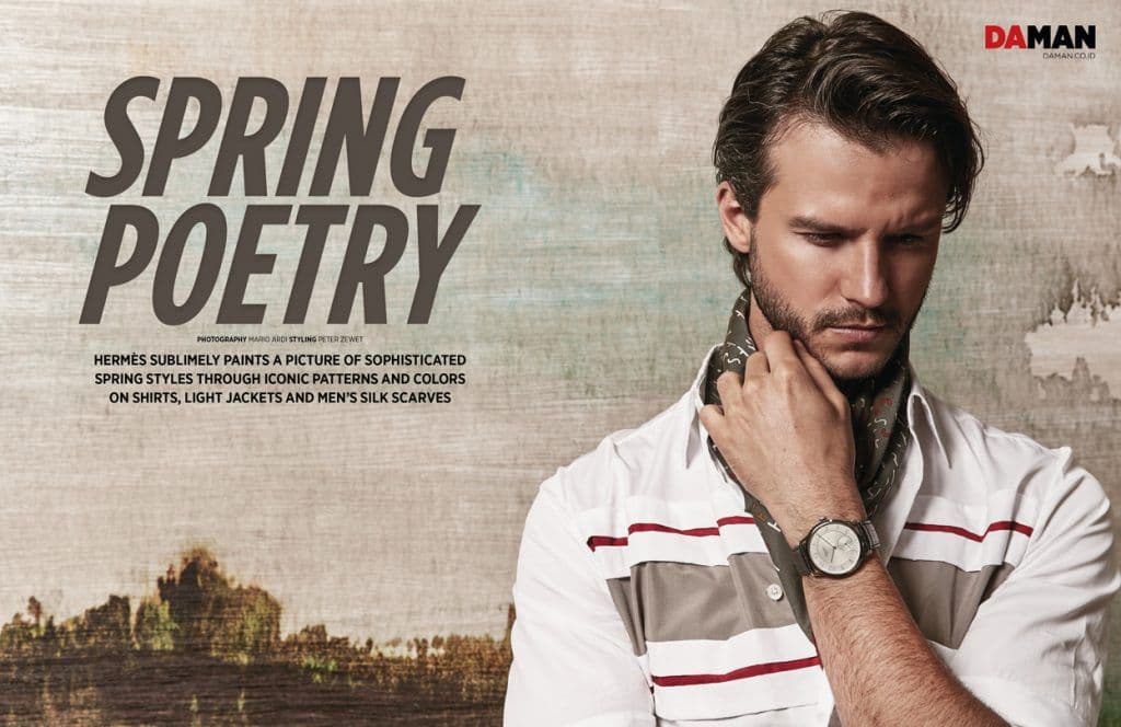SANTI WAINE IN HERMES FASHION SPREAD_Shirt with folded stripes in white Cotton poplin_typograffiti silk scarf H 100_slim d’Hermes watch with black leather strap-2