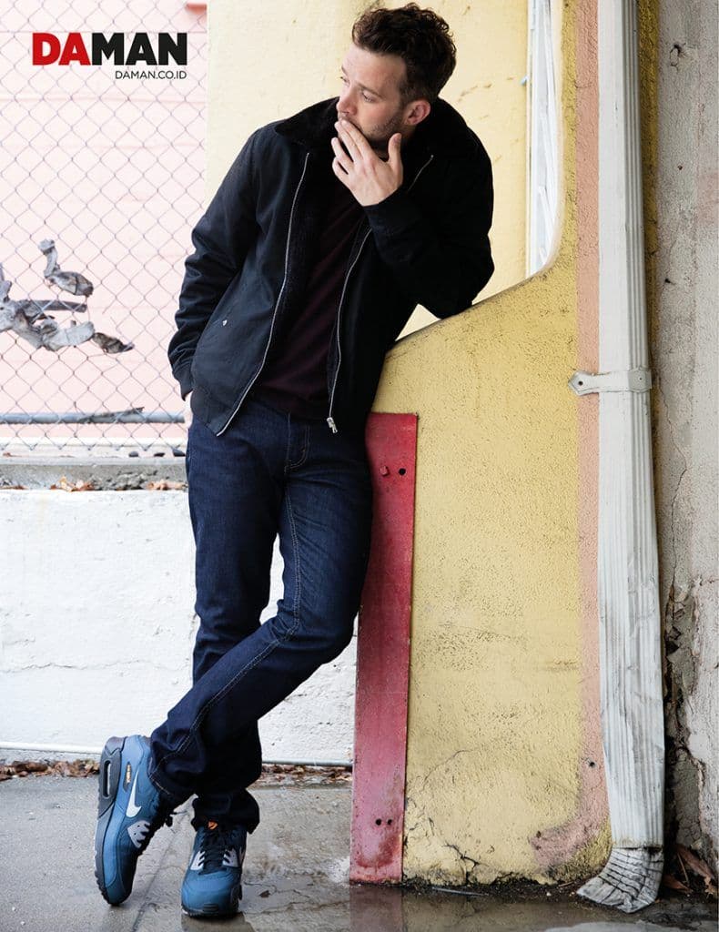 Eddie Kaye of Scorpions, American Pie fame - Jacket by topman, sweater by g-Star raW, denim trousers by Levi's, shoes by Nike