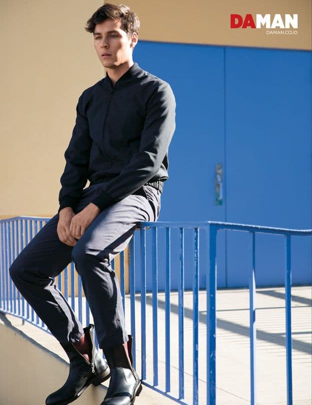 Jacket by Sandro, trousers by hugo Boss, boots by John Varvatos