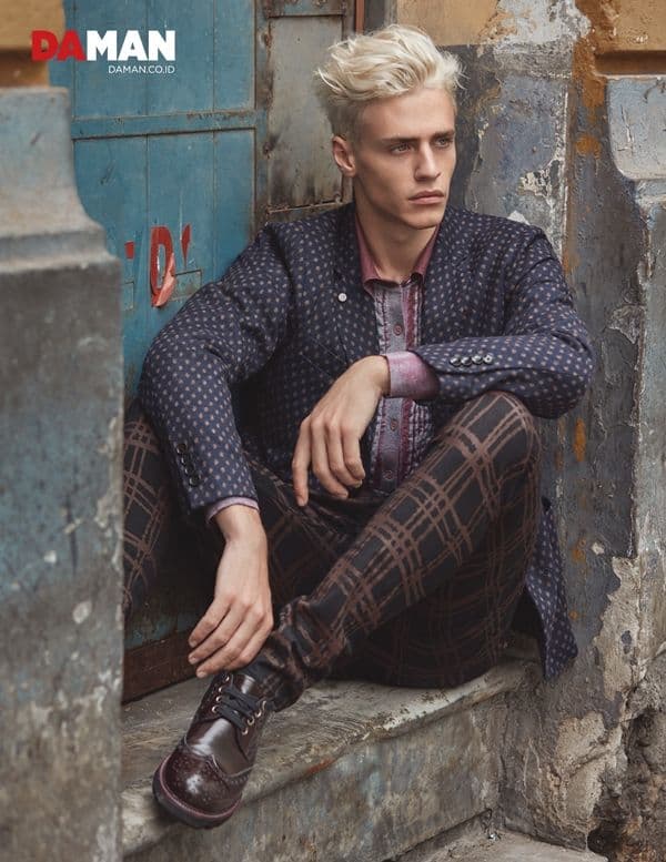 Model Oliver Stummvoll by GREG SWALES in Jacket by Massimo Rebecchi, shirt by Bottega Veneta, trousers by Vivenne Westwood, shoes by Giorgio Armani