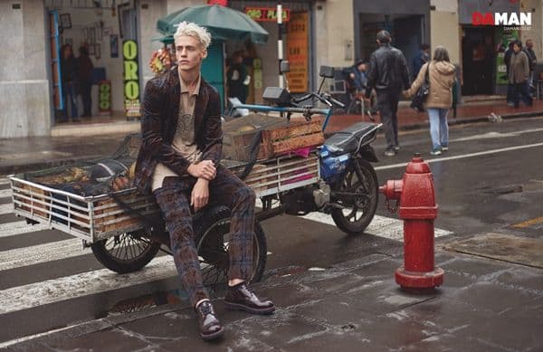 Model Oliver Stummvoll by GREG SWALES in Velvet suit by Antonio Marras, shirt by Sergio Davila, shoes by Giorgio Armani