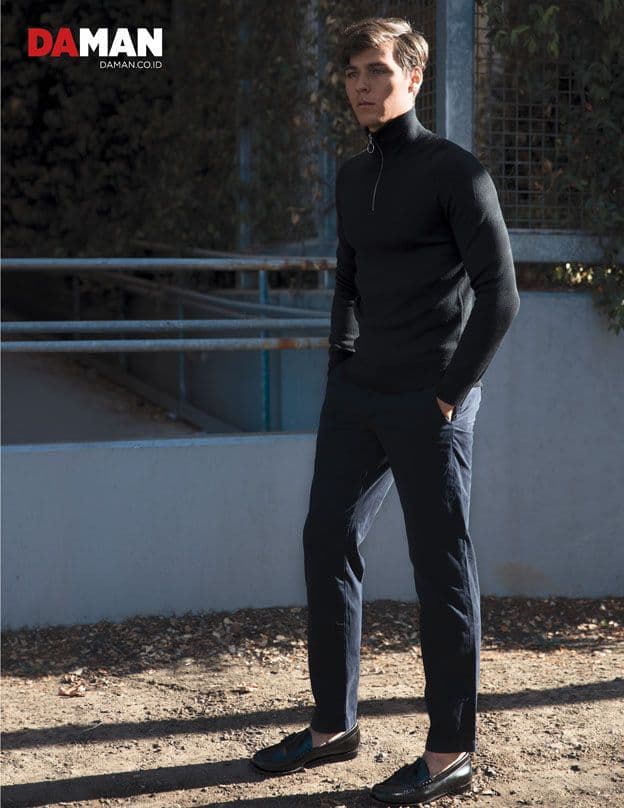 turtleneck by Sandro, trousers by club monaco, shoes by Bass Weejuns