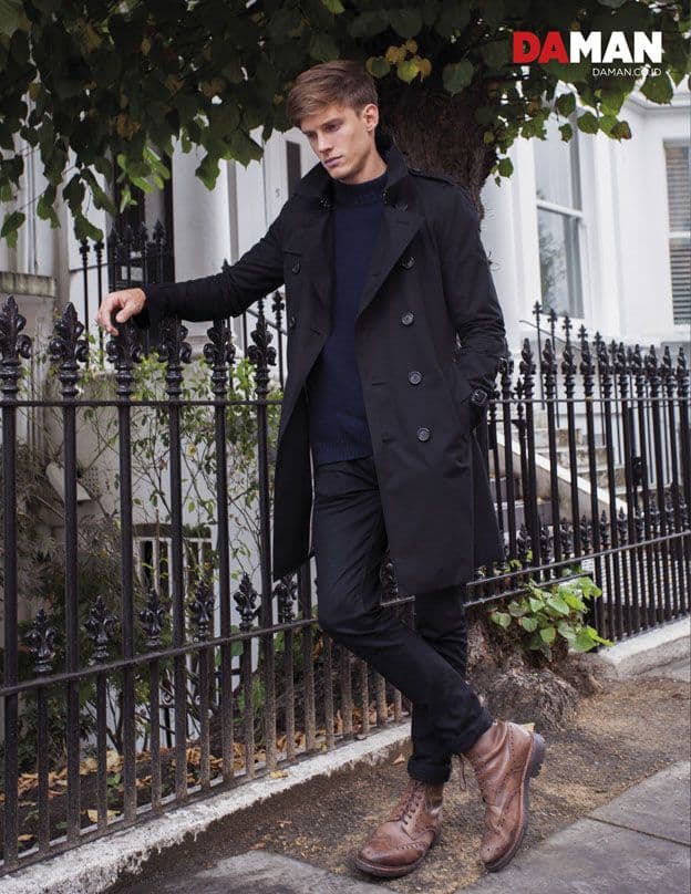 OUTTAKE Model Chris Doe in Coat by Burberry, jumper by Steven Allen, trousers by Nudie Jeans and shoes by Grenson