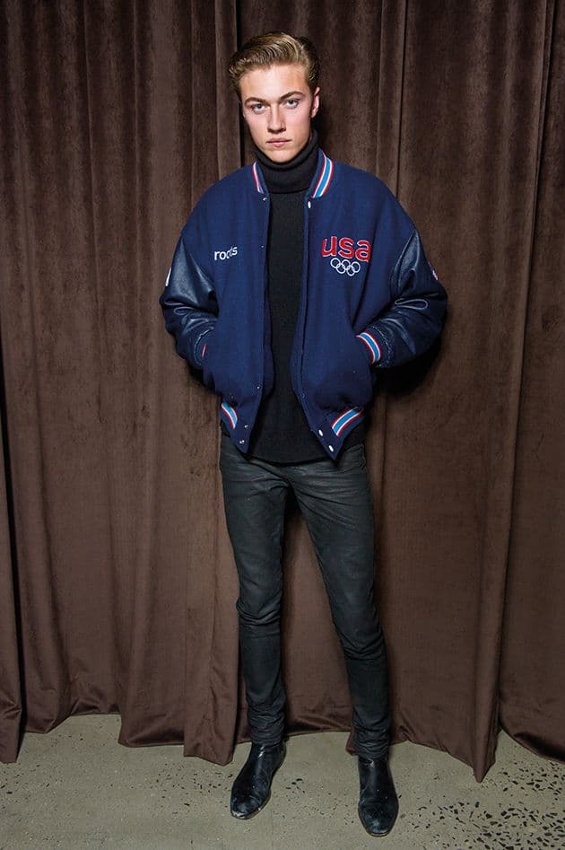 Lucky Blue Smith wearing a Roots jacket at BOSS menswear show