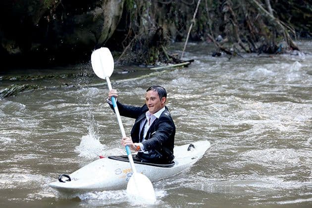 the two actors having a bit of fun kayaking
