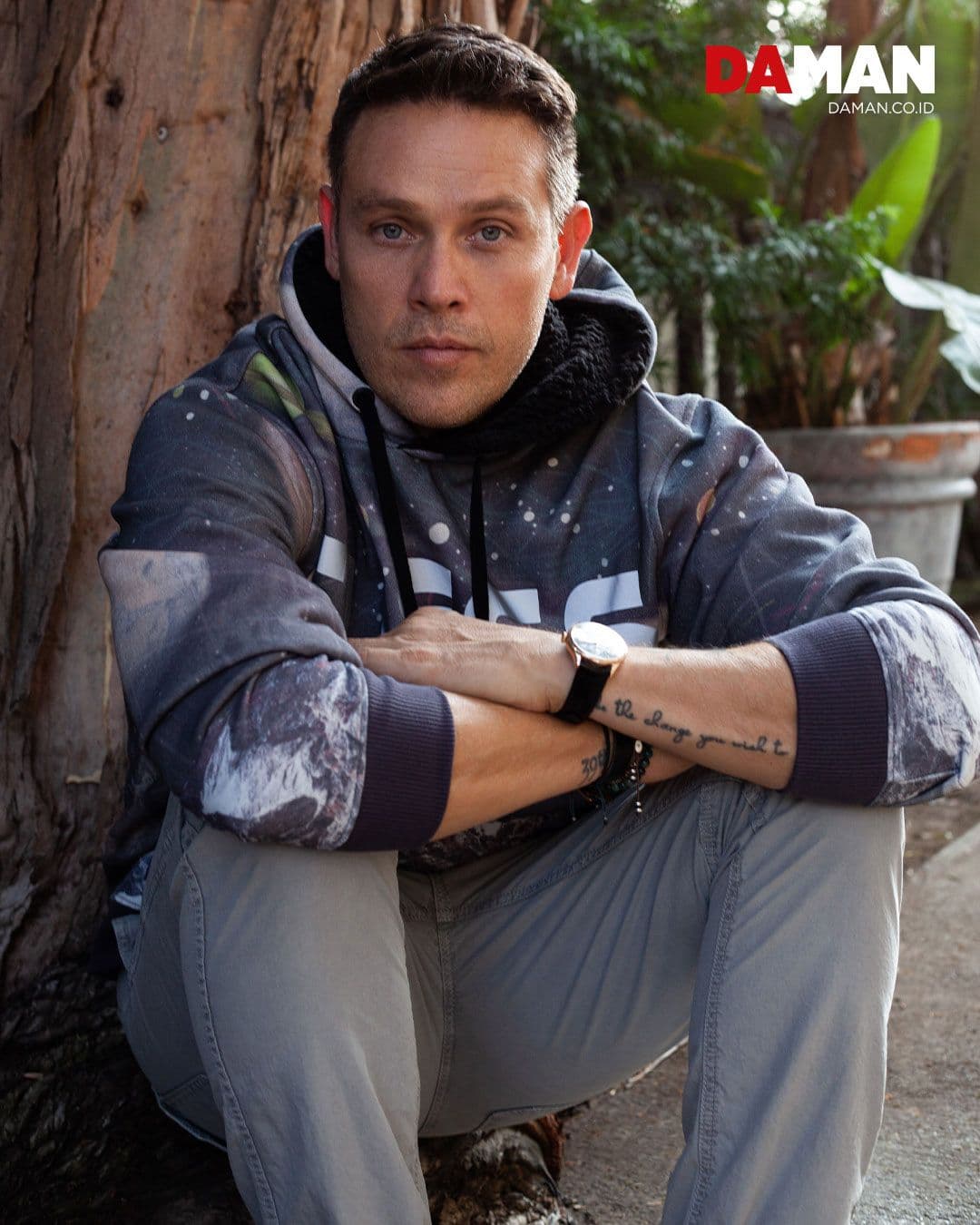 Hoodie by Guess; pants by J crew; watch by Rolex ‘Cellini’; leather bracelet by Hermés