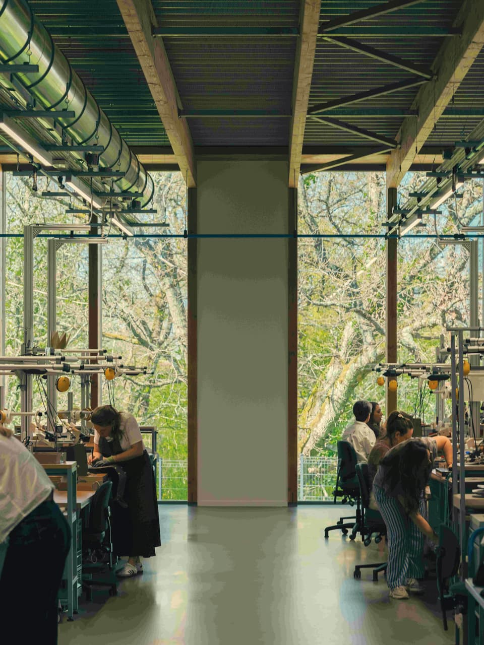 The glass façade from inside the building