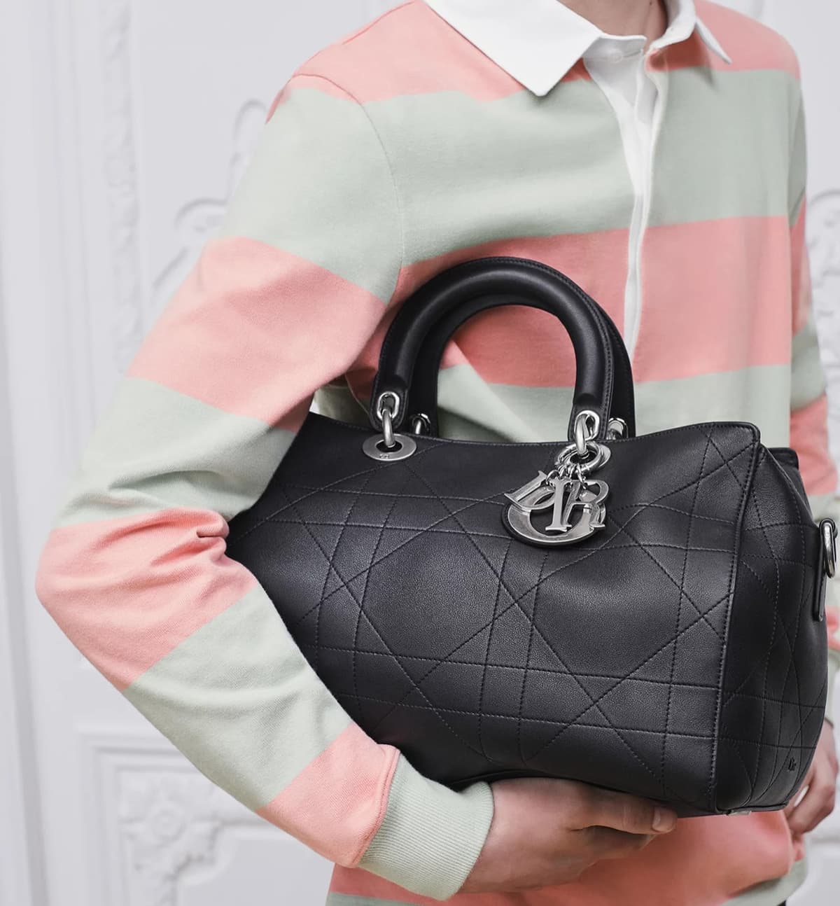 Large Dior Granville Bag in Black Cannage Calfskin