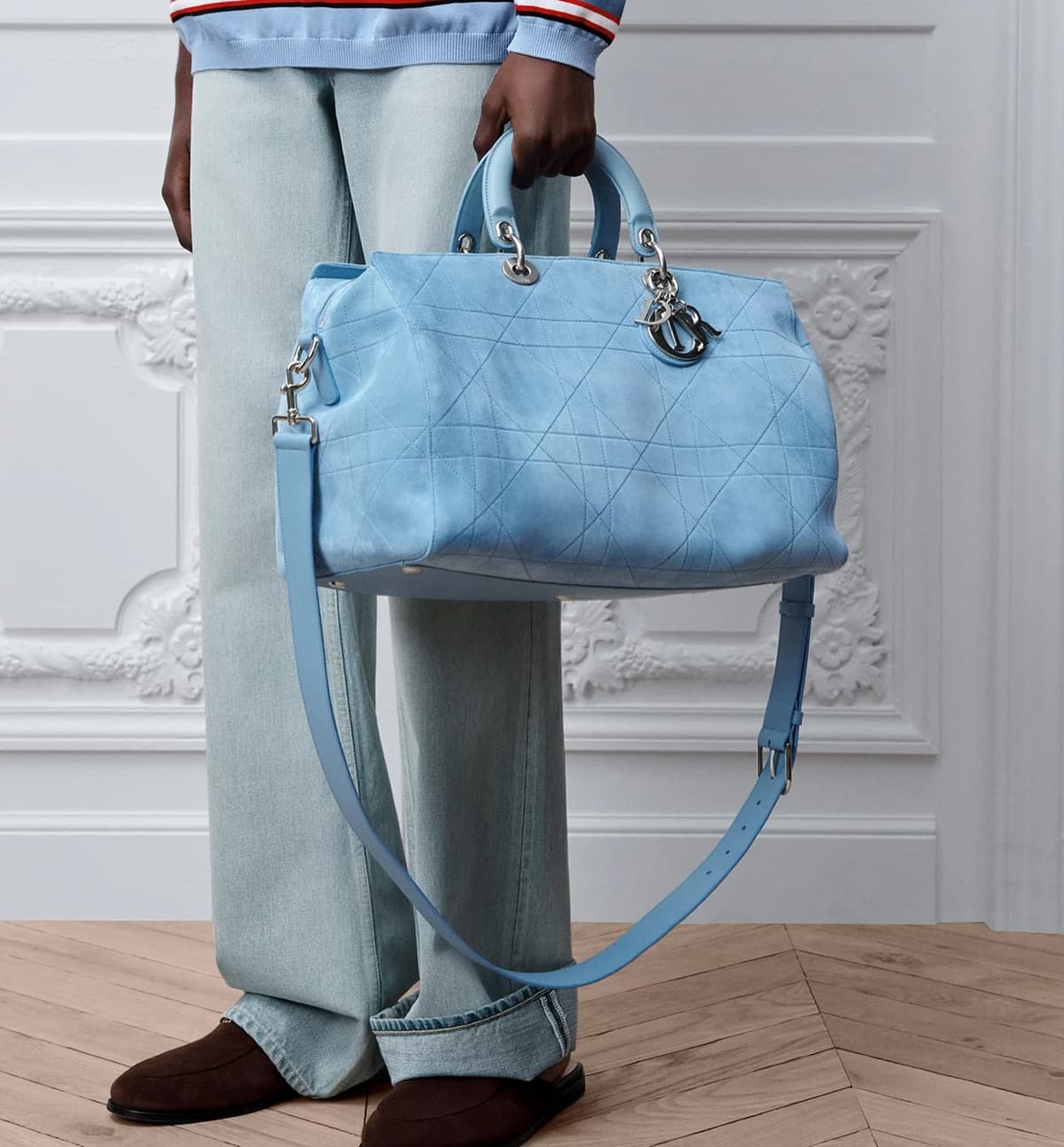 Large Dior Granville Bag in Myosotis Blue Cannage Suede Goatskin